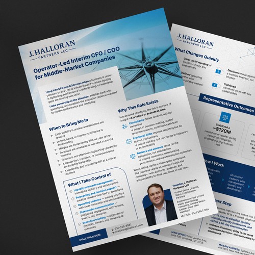 Illustrator design with the title 'Executive One-Pager for Interim CFO / COO firm'