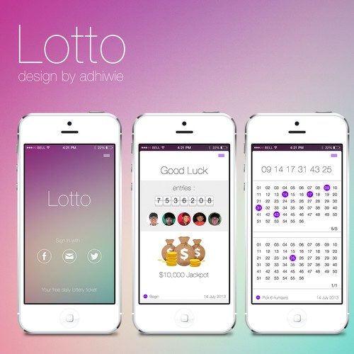 IOS 7 design with the title 'Were taking the real life lottery and recreating it as a free mobile app. '