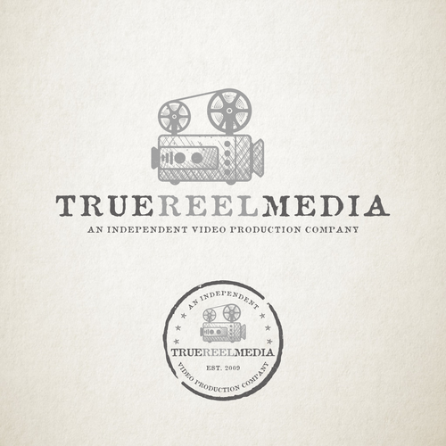 Purple and gray design with the title 'Rustic Logo for Video Production Company'