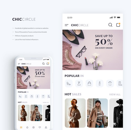 Adobe XD design with the title 'Clean and minimal UI design for fashion app'