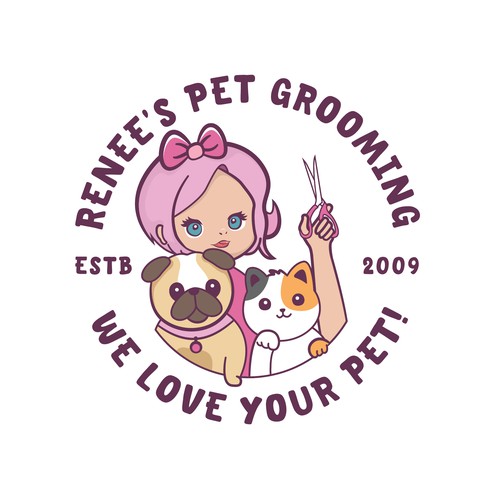 Cat brand with the title 'Renee's Pet Grooming Logo Design'