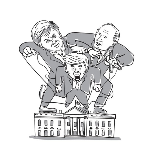 Cartoon artwork with the title 'T-Shirt Design: Steve Bannon & Putin as Puppet Masters over Trump'