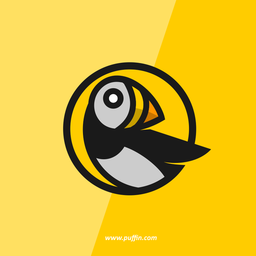 Yellow design with the title 'Help a Puffin that does serious software development get a logo and web site.'