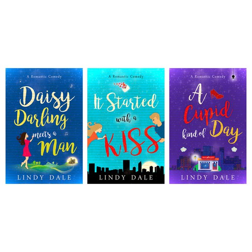 Whimsical book cover with the title '3 covers for e-books by the same author'