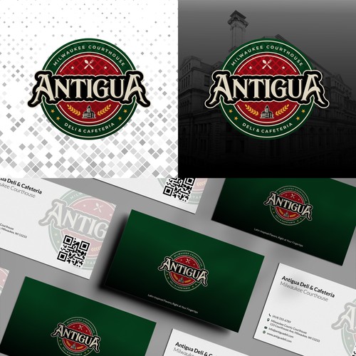 Cafeteria design with the title 'Antigua Deli & Cafeteria, A Fresh Take on Latin-Inspired Dining'