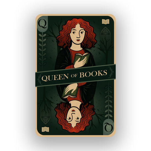 Playing card design with the title 'Queen of Books – Playing Card Illustration'