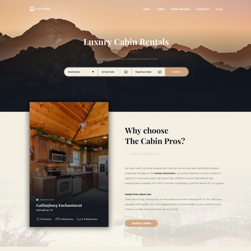 Travel website with the title 'Luxury Cabin Rentals'