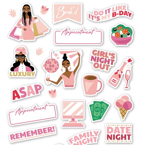 Girl artwork with the title 'Fun, girly stickers in flat style'