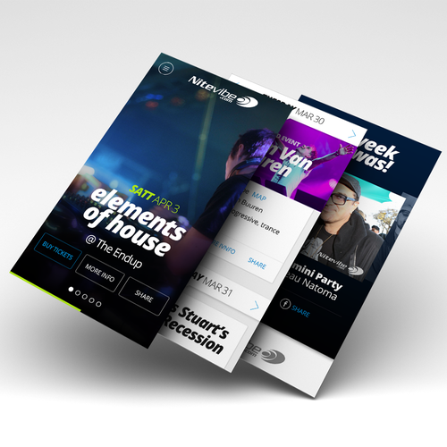 Mobile website with the title 'Mobile Design for a Night Life Guide'