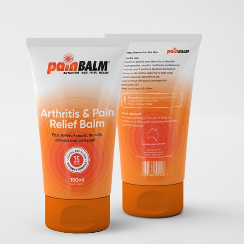Cream packaging with the title 'Pain Relief Balm'