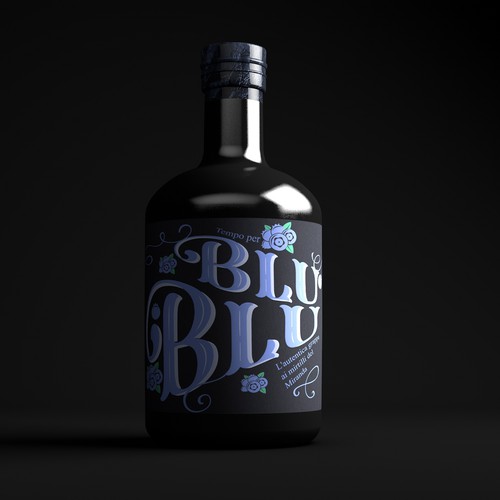 Branding label with the title 'Blueberry Grappa'