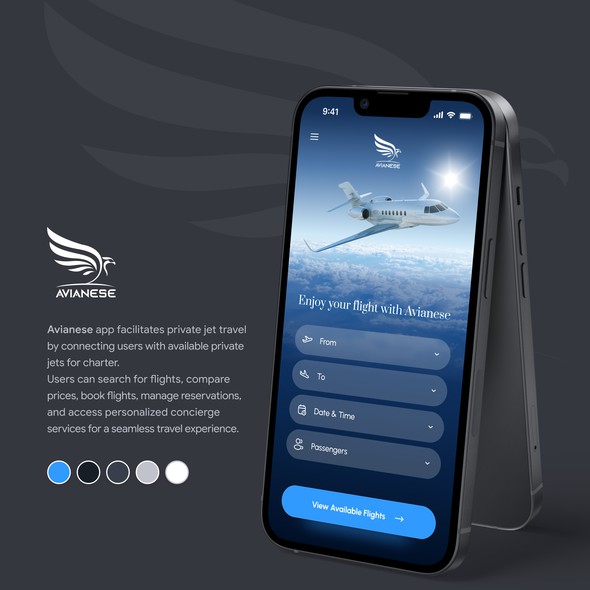 Clear design with the title 'App design for Business Jet company'