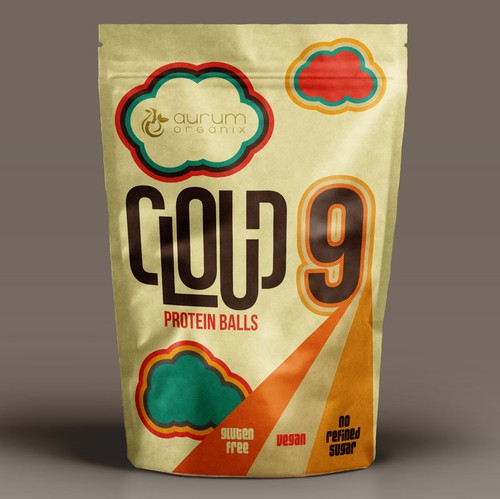 Stand-up pouch packaging with the title 'Stand-up pouch for Cloud Nine Protein balls'