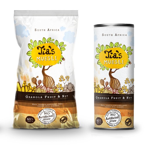 Nut packaging with the title ' Tia's Muesli Packaging design'