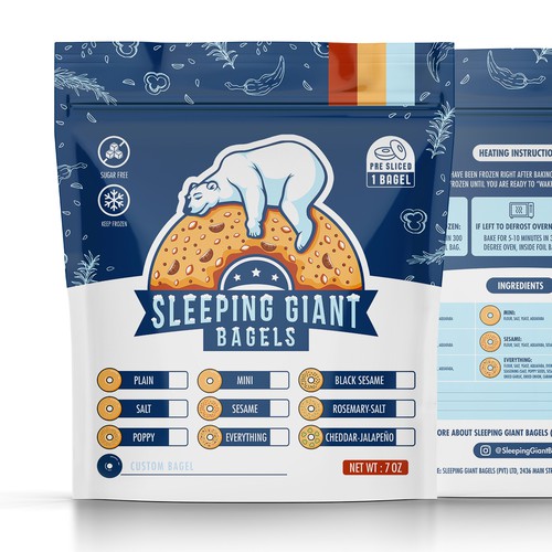 Stand-up pouch packaging with the title 'Frozen Bagel Packaging'