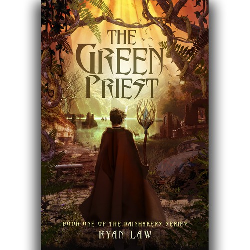 Post-apocalyptic book cover with the title 'The Green priest'
