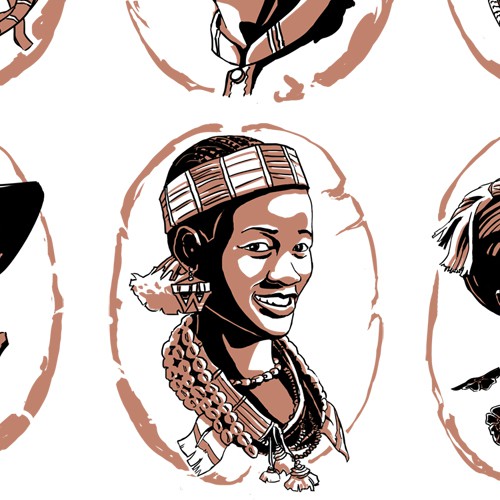 Coffee shop artwork with the title 'Ethnic Faces'