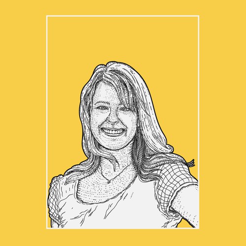 Pencil artwork with the title 'Fine-detail portrait illustration for the podcast.'