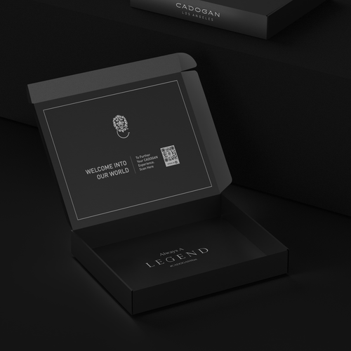 Mailer box packaging with the title 'CADOGAN - Premium Menswear Brand'