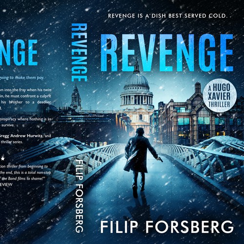 Murder mystery book cover with the title 'Revenge - a Hugo Xavier Thriller'