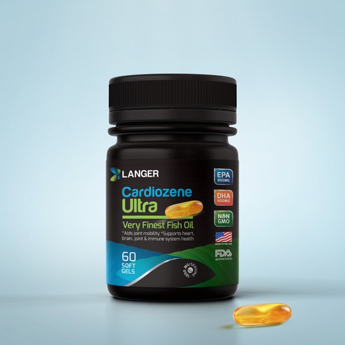 Black label with the title 'Langer Fish Oil Supplement Black'