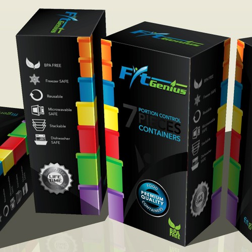 Eye-catching packaging with the title 'FitGenius containers'