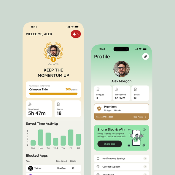 Profile design with the title 'Block Apps & Save Time Social iOS App'