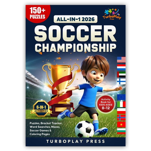 Game book cover with the title 'Premium Book Cover Design Needed for Kids Soccer Activity Book (2026 Global Tournament Theme)'
