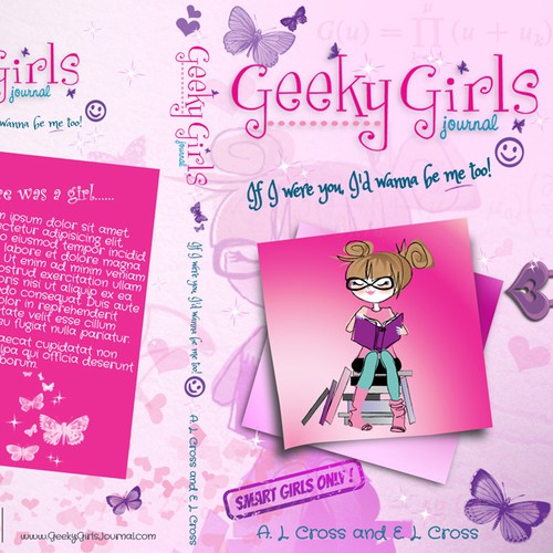 Girly book cover with the title 'Book Cover Design for Geeky Girls Journal'