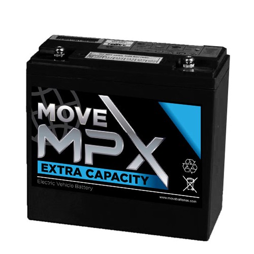 Chrome design with the title 'Label design for MOVE Batteries MPX Series'