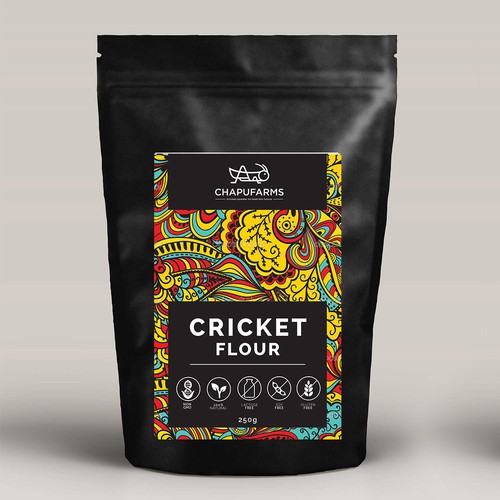 Pouch design with the title 'Cricket flour and energy bar labels'