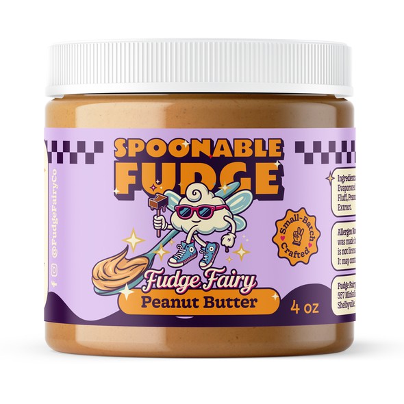 Purple packaging with the title 'Design a jar label for a spoonable FUDGE company!'