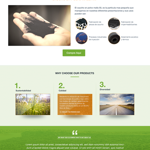 Green website with the title 'Redesign for a sustainability company recycling tires - Products Page'