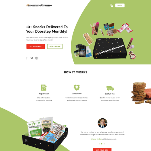 Subscription box design with the title 'Landing Page For Vegan Snack Box'