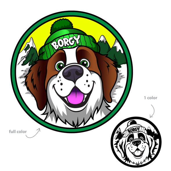 Big booty cartoon logo with the title 'Borgy is a cryptocurrency memecoin project, the logo should reflect a joyful and trustworthy doggy friend.'