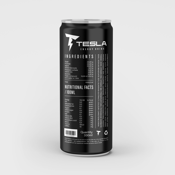 Energy drink label with the title 'Tesla Energy Drink Label Design'