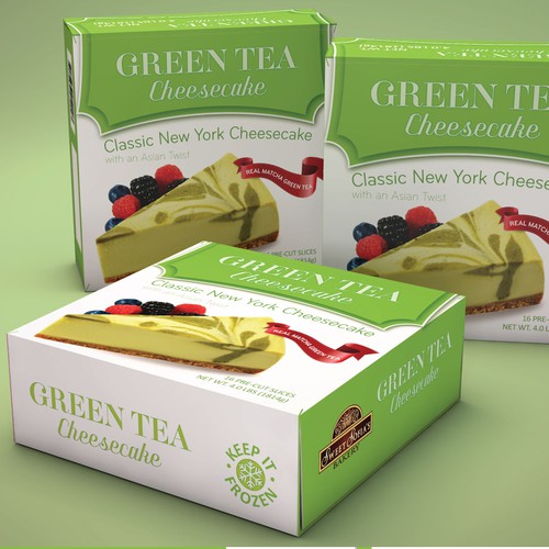Green tea packaging with the title ' Green Tea Cheesecake Package Design'
