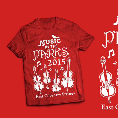 School t-shirt with the title 'Create a  musical theme pertaining to string instruments for " Music in the Park'