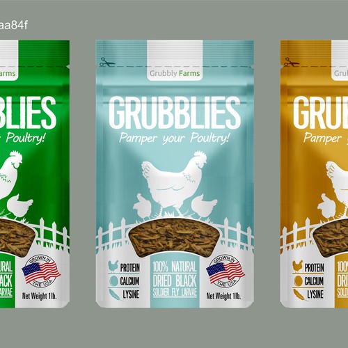 Farm packaging with the title 'Grubblies  treats for chickens'
