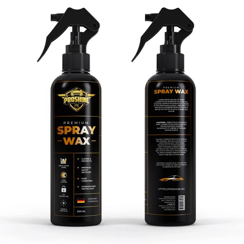 Black packaging with the title 'Premium Spray Wax - Luxury Package design'