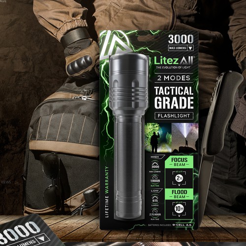 Retail label with the title 'LitezAll tactical grade flashlight label design'