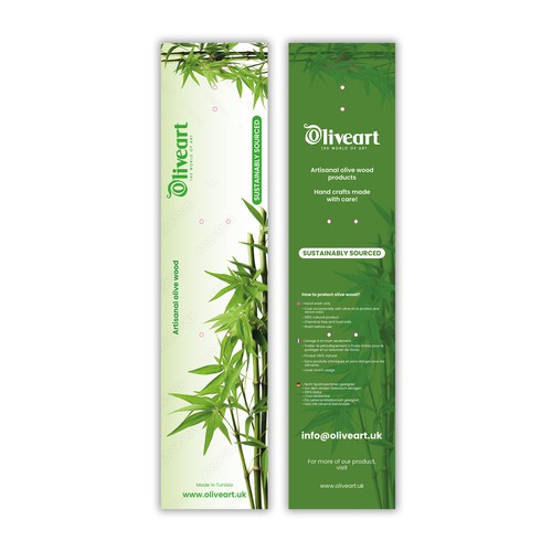 Wood label with the title 'Label design for handmade kitchenware and tableware crafted of olive wood'