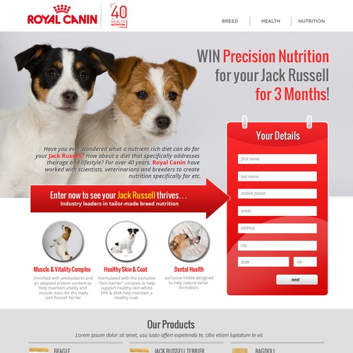 Call to action design with the title 'Premium Dog food Competition Landing Page - GUARANTEED! '