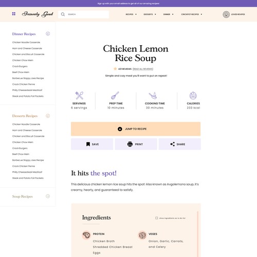 Article design with the title 'Single blog post for food recipes.'
