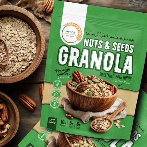 Craft packaging with the title 'Nuts and Seeds Granola stand-up pouch packaging'