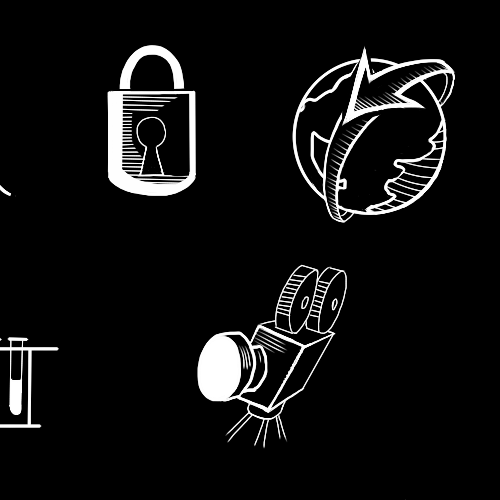 Woodcut design with the title 'Icons for a tech mobile app'