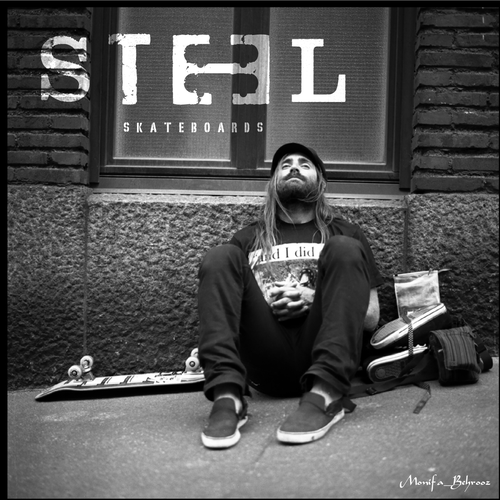 Skateboard logo with the title 'STEEL SKATEBOARDS'