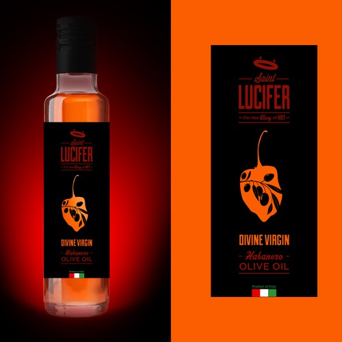 Olive oil label with the title 'St. Lucifer Spice - New Habanero Infused Olive Oil Label Needed'