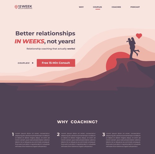 Relationship design with the title 'Landing Page Design for Better Relationships in Weeks, Not Years!'
