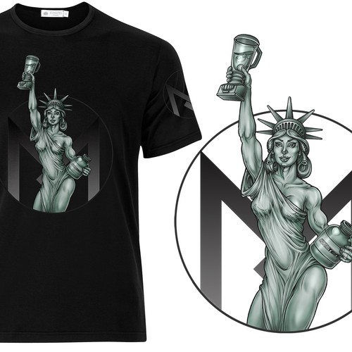 Comic t-shirt with the title 'Statue of Liberty gym style'